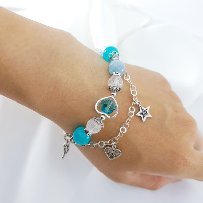 Vòng Tay Mệnh Thủy, Mộc Đá Thạch Anh Ưu Linh Trắng Mix Aquamarine+ Charm Sao, Tim