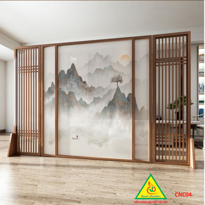 Bình phong gỗ khung tranh cắt CNC cho phòng khách, nhà bếp, nhà hàng, spa CNC04 - Nội thất lắp ráp Viendong Adv