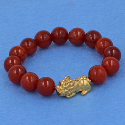 Vòng tay đá vân rồng đỏ 12 ly - cẩn Tỳ Hưu inox vàng VVROTHV12 - hợp mệnh Hỏa, mệnh Thổ