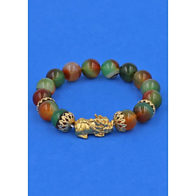 Vòng tay Thạch Anh Xanh Nâu 12 ly Tỳ Hưu Phong Thủy Chiêu Tài Lộc inox vàng VTAXNTHBKV12  