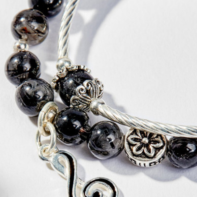 Vòng Tay Phong Thủy 2 Line Đá Thạch Anh Tóc Đen Phối Charm Trái Thông (6mm) mệnh Thủy, Mộc Ngọc Quý Gemstones