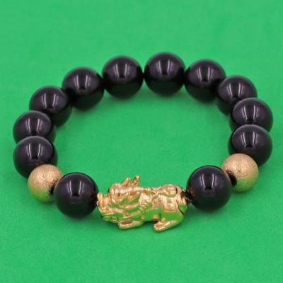 Vòng tay chuỗi hạt Tỳ Hưu inox vàng Thạch Anh Đen 12 ly TH1 - hợp mệnh Mộc, mệnh Thủy