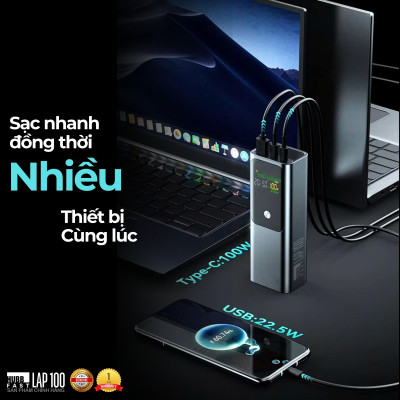 Pin Sạc Dự Phòng Laptop HubbFast LAP100 100W 26800mAh, Sạc Nhanh PD Type-C USB-A, Màn Hình LED, Đa Năng, Hàng chính hãng