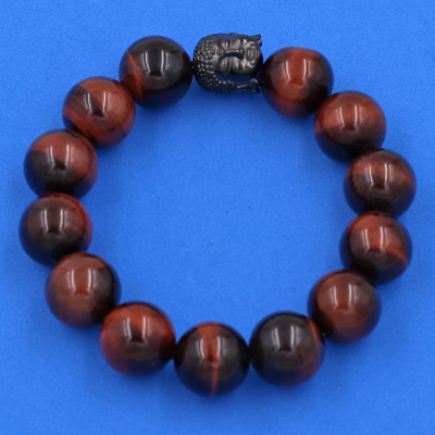 Vòng đeo tay đá mắt hổ đỏ đen 14 ly cẩn hạt Phật A Di Đà inox đen VMHOENLE14 - hợp mệnh Hỏa, mệnh Thổ