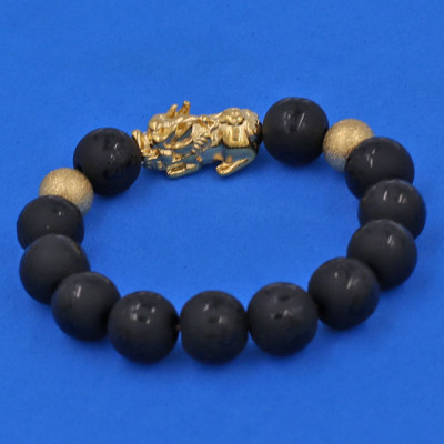 Vòng tay đá Thạch Anh Đen khắc Phật Chú chữ mờ 12 ly - cẩn Tỳ Hưu Phong Thủy inox vàng VTAEPMTHHBV12 - hợp mệnh Thủy, mệnh Mộc