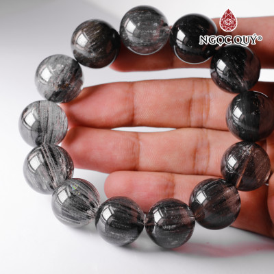 Vòng hạt trơn đá đá thạch anh tóc đen đồng trục mệnh thủy, mộc - Ngọc Quý Gemstones