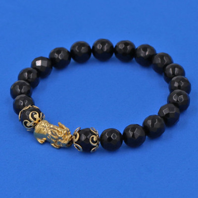 Vòng tay Thạch Anh Đen Cắt Giác 8 ly - cẩn Tỳ Hưu Phong Thủy inox vàng VTAEGTHHKV8 - hợp mệnh Mộc, mệnh Thủy