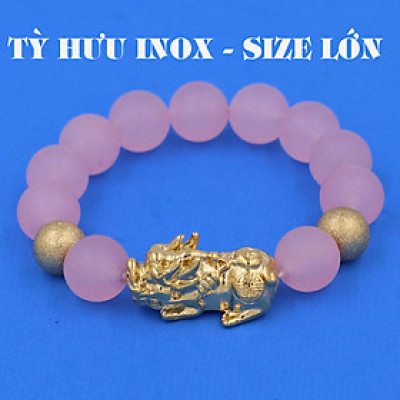 Vòng chuỗi đeo tay đá thạch anh hồng phấn mờ 14 ly ( size lớn ) charm tỳ hưu và bi inox vàng, vòng tay chuỗi hạt