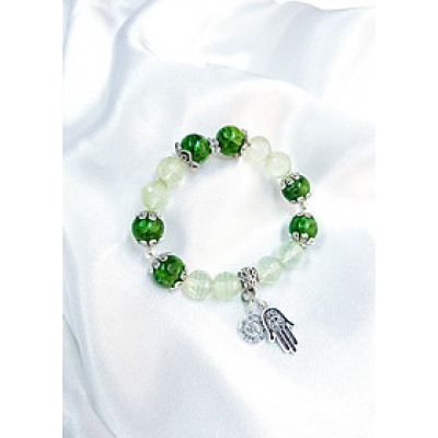 Vòng tay mệnh mộc, hỏa đá thạch anh xanh mix đá diopside+ charm bàn tay LAT.99
