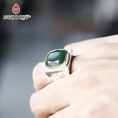 Nhẫn bạc nam mặt đá ngọc bích bản vuông ni20 mệnh hỏa, mộc - Ngọc Quý Gemstones