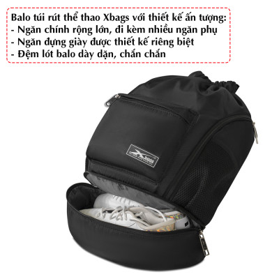 Balo dây rút thể thao đen Xbags Xb 6004, Chất liệu chống thấm nước hiệu quả