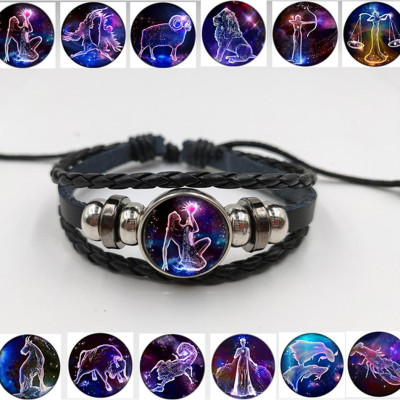 Vòng Đeo Tay Giả Cổ Dây Da Bệt Tết Phong Cách Retro Mặt Vòng Hình 12 Cung Hoàng Đạo Có Thể Điều Chỉnh Độ Rộng