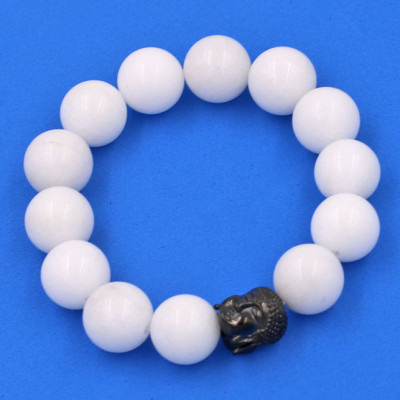 Vòng đeo tay san hô trắng 14 ly cẩn hạt Phật A Di Đà inox đen VSHTNLE14 - hợp mệnh Kim, mệnh Thủy