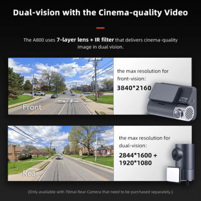 Camera hành trình ô tô Xiaomi 70mai cao cấp A800S chất lượng hình ảnh 4K, tích hợp Wifi (Bộ tích hợp Camera trước + Sau) - Bản Quốc Tế - Hàng Nhập Khẩu