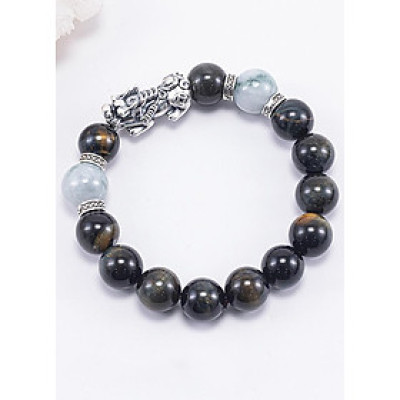 Vòng Tay Phong Thủy Nam Đá Mắt Hổ Xanh Đen Mix Đá Cẩm Thạch Phỉ Thúy Phối Charm Tỳ Hưu Bạc (12mm) Mệnh Thủy, Mộc Ngọc Quý Gemstones