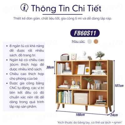 Tủ Kệ Sách Gỗ Đẹp Hiện Đại Đa Tầng FIVO Mã FB60 Chất Liệu Gỗ MDF Phủ Melamine Chống Thấm Bề Mặt, Dễ Dàng Lắp Ráp Có Kèm Tấm Lưng (Kích Thước 100x24x107cm)
