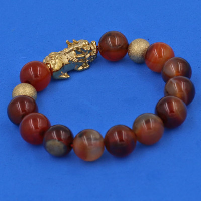 Vòng đeo tay Thạch Anh Nâu 12 ly - cẩn Tỳ Hưu Phong Thủy inox vàng VTANTHHBV12 - hợp mệnh Thổ, mệnh Mộc