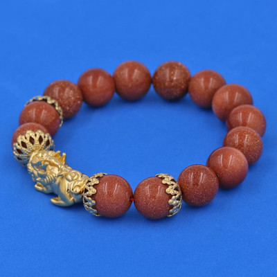 Chuỗi đeo tay Đá Kim Sa 12 ly - cẩn Tỳ Hưu Phong Thủy inox vàng Chiêu Tài Lộc VKSTHBKV12 - Vòng tay, lắc tay phong thủy