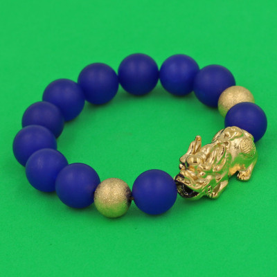 Vòng chuỗi đeo tay đá thạch anh xanh dương mờ 14 ly ( size lớn ) charm tỳ hưu và bi inox vàng, vòng tay chuỗi hạt