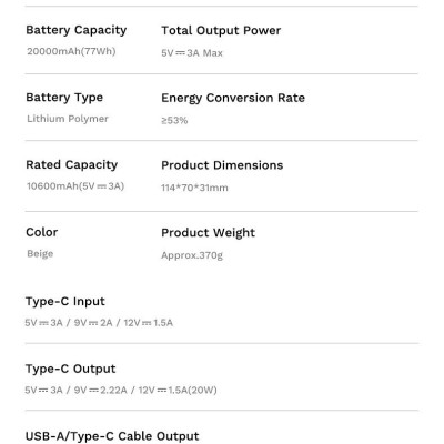Pin dự phòng sạc nhanh ROCK P99 PD 22.5W 20000mAh có cáp tích hợp , hàng chính hãng bảo hành 1 năm