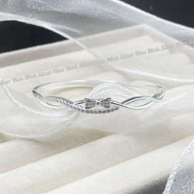 Lắc Tay Nữ Bạc Ta Nguyên Chất S99 Hình Nơ Đính Đá Sang Trọng BẠC HIỂU MINH LTU630