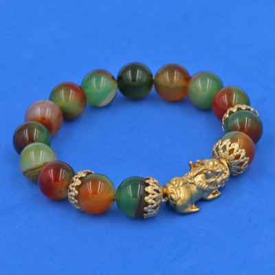 Vòng tay Thạch Anh Xanh Nâu 12 ly Tỳ Hưu Phong Thủy Chiêu Tài Lộc inox vàng VTAXNTHBKV12  