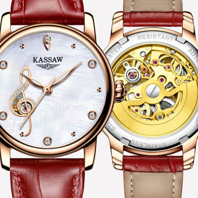 Đồng hồ nữ chính hãng KASSAW K815-1 ,Fullbox, Kính sapphire ,chống xước,chống nước,mặt trắng vỏ vàng hồng dây da, thép không gỉ 316L, Mới 100%,Bảo hành 24 tháng,thiết kế lộ cơ đơn giản,trẻ trung và sang trọng