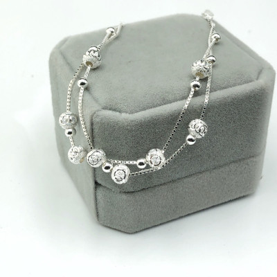 Vòng tay, lắc tay nữ  thiết kế mix bi dây kép bạc chuẩn 925 BẠC HIỂU MINH LTU538