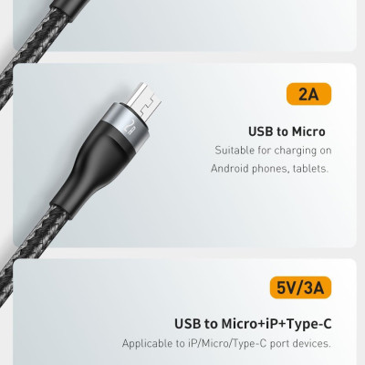 Cáp sạc đa năng 3 đầu Baseus 40W, Cáp sạc nhanh 3 đầu Baseus Flash Series 3in1 (USB to Type C/ Lai-nin/ Micro, 5A/40W) - Hàng chính hãng