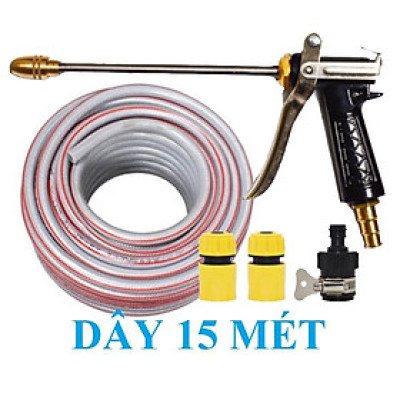 Bộ dây vòi xịt nước rửa xe, tưới cây . tăng áp 3 lần, loại 15m 206701-2 đầu đồng, cút+tặng mở chai