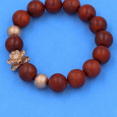 Chuỗi đeo tay Gỗ Đỏ 12 ly mix Bông Sen inox vàng hồng VGOHSHBH12 - Vòng tay hoa sen inox 304