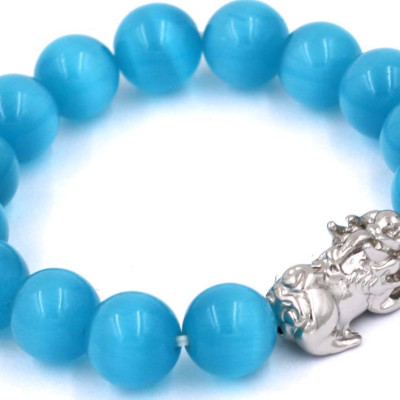 Vòng tay đá mắt mèo xanh biển 12 ly - cẩn Tỳ Hưu inox VMEXBTHT12 - hợp mệnh Thủy, mệnh Mộc