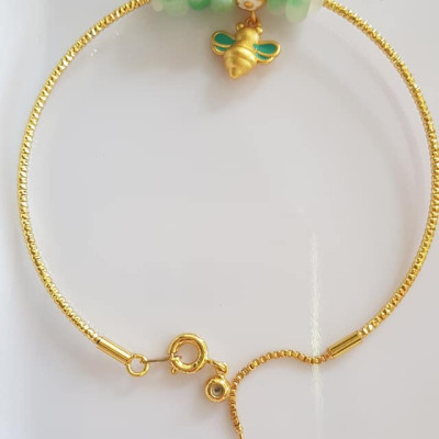 Vòng Tay charm xinh đẹp 5 đồng tiền đá cẩm thạch tự nhiên Vòng tay phối charm hình Chú Ong Xinh xắn vòng màu vàng khoen rút xinh Nữ đeo dễ thương ạ