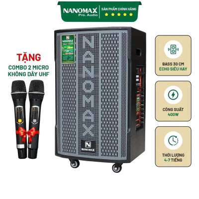 Loa Kéo Nanomax SK-12X5 ( Xám ) Bass 30cm 400w Karaoke Bluetooth Tặng Kèm 2 Mic Hát karaoke. Hàng chính hãng