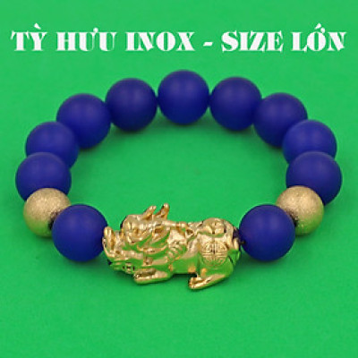 Vòng chuỗi đeo tay đá thạch anh xanh dương mờ 14 ly ( size lớn ) charm tỳ hưu và bi inox vàng, vòng tay chuỗi hạt