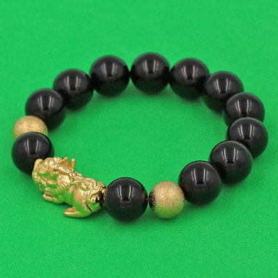 Vòng tay chuỗi hạt Tỳ Hưu inox vàng Thạch Anh Đen 12 ly TH1 - hợp mệnh Mộc, mệnh Thủy