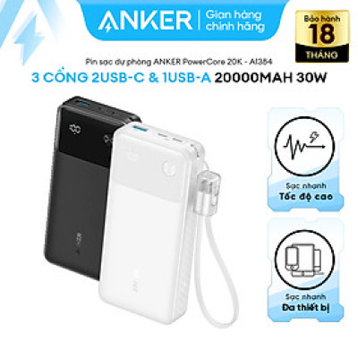 Pin sạc dự phòng 20000mAh Type C PD QC 3.0 30W Anker A1384 kèm Cáp Type C - Hàng Chính Hãng