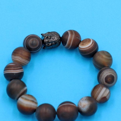 Vòng tay chuỗi hạt - mã não nâu sọc 14 ly - cẩn hạt Như Lai Inox đen VMNNSMNLE14 - hợp mệnh Kim, mệnh Thổ