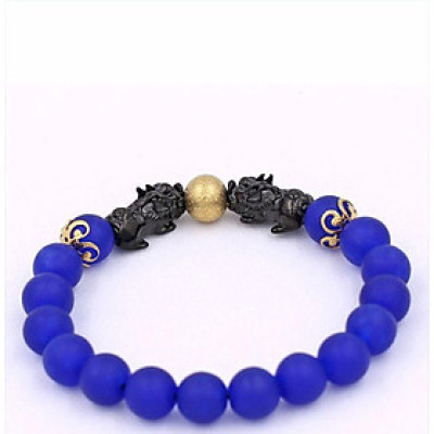 Vòng đeo tay Thạch Anh Xanh Dương Mờ size 8 ly, 10 ly, 12 ly - Vòng tay Tỳ Hưu Đôi inox đen VTAXDMTHHEV8 - hợp mệnh Mộc, mệnh Thủy