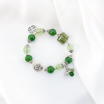 Vòng Tay Mệnh Mộc, Hỏa Đá Ngọc Phật Mix Đá Thạch Anh Xanh+ Charm Hoạ Tiết Vòng Tròn