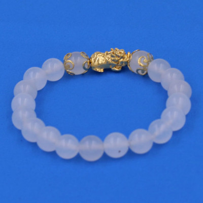 Chuỗi đeo tay Thạch Anh Trắng 8 ly - cẩn Tỳ Hưu Phong thủy inox vàng VTATTHHKV8 - hợp mệnh Kim, mệnh Thủy
