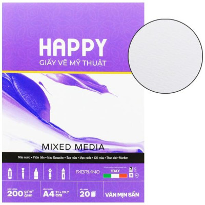 Sổ Vẽ Mỹ Thuật Gáy Keo Đa Chất Liệu A4 - Happy Mix Media - Vân Mịn Sần - 200gsm (20 Tờ)