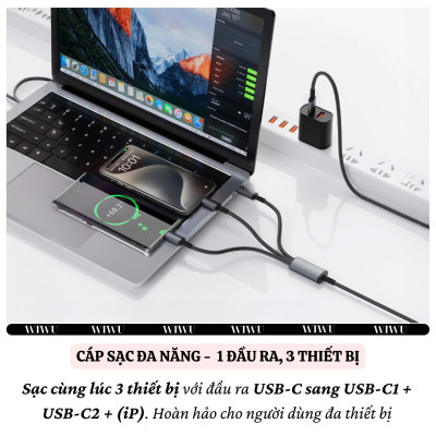 Cáp Sạc Đa Năng 3in1 sạc nhanh 60W USB-C ra 2 cổng Type-C + 1 cổng L cho iPhone / cho iPad hiệu WIWU Starlink - Chống Rối, Siêu Bền, Chip Thông Minh Tích Hợp, Sạc An Toàn - Hàng nhập khẩu