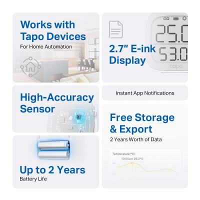 Thiết Bị Đo Nhiệt Độ & Độ Ẩm Thông Minh TP-Link Tapo T315 - Màn hình E-Ink 2.7", Đo chính xác cao, Cần Hub Tapo - HÀNG CHÍNH HÃNG