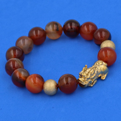 Vòng đeo tay Thạch Anh Nâu 12 ly - cẩn Tỳ Hưu Phong Thủy inox vàng VTANTHHBV12 - hợp mệnh Thổ, mệnh Mộc