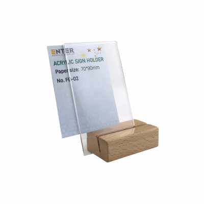 Kệ mica 1 mặt đế gỗ Enter FG-02 70x90mm, Kệ thông tin sản phẩm, Standee mica để bàn, Bảng quét mã QR Code