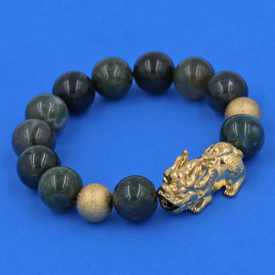 Vòng chuỗi đeo tay đá cẩm thạch xanh đậm 14 ly ( size lớn ) charm tỳ hưu và bi inox, vòng tay chuỗi hạt