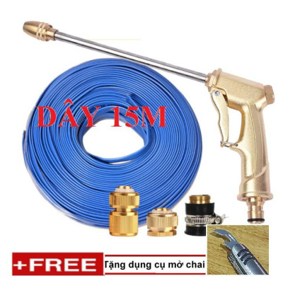 Bộ dây vòi xịt nước rửa xe, tưới cây . tăng áp 3 lần, loại 15m 206701-3 đầu đồng,cút đồng+ tặng mở chai