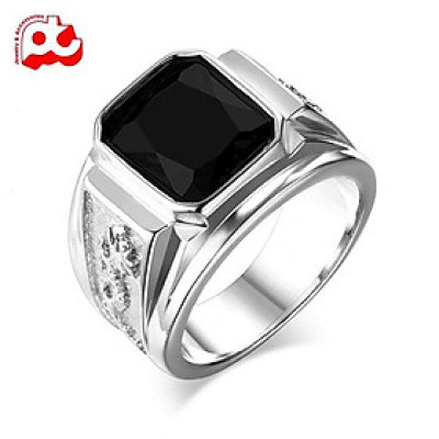 Nhẫn nam titan thời trang chạm rồng 2 bên trangsucpt đá đen nhẫn màu trắng thép không gỉ PTNNA251