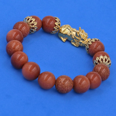 Chuỗi đeo tay Đá Kim Sa 12 ly - cẩn Tỳ Hưu Phong Thủy inox vàng Chiêu Tài Lộc VKSTHBKV12 - Vòng tay, lắc tay phong thủy